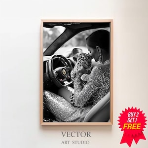 Cub in Classic Car Poster, Luxury Fashion Print, Black and White, Vintage Print, Feminist Poster, Printable Wall Art, Teen Girl Room Decor