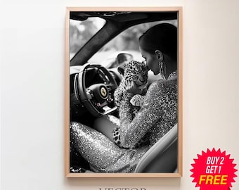 Cub in Classic Car Poster, Luxury Fashion Print, Black and White, Vintage Print, Feminist Poster, Printable Wall Art, Teen Girl Room Decor
