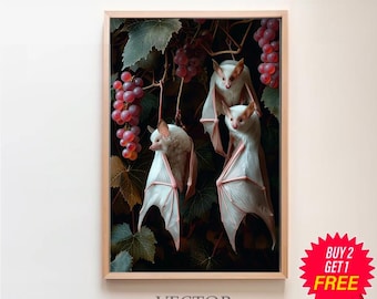 Morcegos de frutas albinos Dark Cottagecore Goth Print, pintura a óleo vintage botânica, decoração Whimsigoth, arte de parede gótica, Dark Academia para impressão