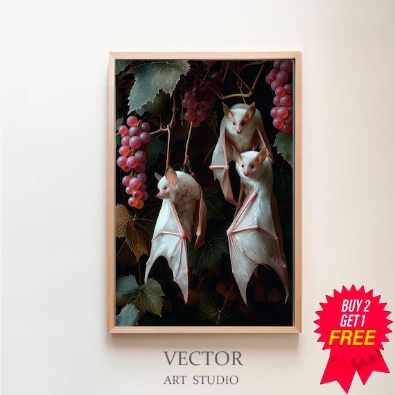 Albino Fruit Bats Dark Cottagecore Goth Print, Botanical Vintage Oil Painting, Whimsigoth Decor, Gothic Wall Art, Dark Academia Printable