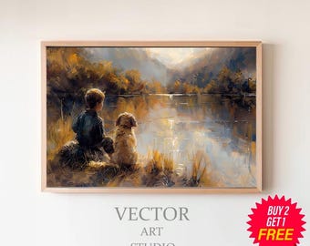Boy Child and Dog Digital Artwork Beautiful Vintage Style, Nursery Wall Art for your Home, Country Scenery Oil Painting