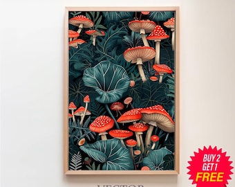 William Morris geïnspireerde paddestoelkunstprint, paddestoelprint, botanische wanddecoratie, moodiekunst, poster natuur woonkamer kunst, bos kunst aan de muur