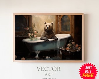 バスタブの中のクマの油絵、面白いバスルームの壁アート、黒クマの
