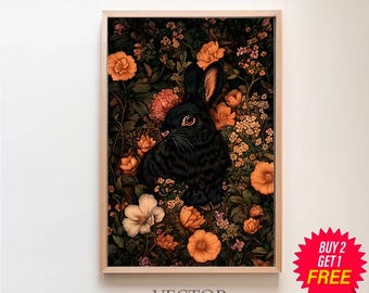 Black Rabbit Dark Botanical Gothic Cottagecore Art, Moody Floral Painting, Goth Wall Art, Dark Academia Print, Witchy Room Decor Printable