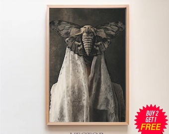 Veiled Woman Moth Art, Gothic Art Witchy Aesthetic, Dark Academia