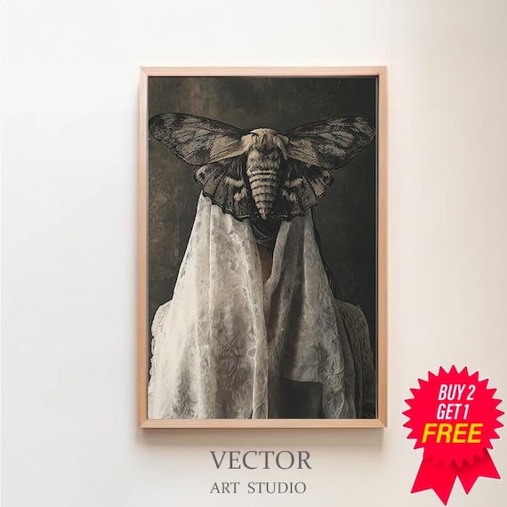 Veiled Woman Moth Art, Gothic Art Witchy Aesthetic, Dark Academia