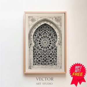 Puede incluir: Impresión en blanco y negro enmarcada de una ventana arqueada con intrincados patrones geométricos. La obra de arte se muestra en un marco marrón claro. El texto "VECTOR ART STUDIO" está en la parte inferior. Una pegatina roja dice "COMPRA 2 OBTÉN 1 GRATIS".