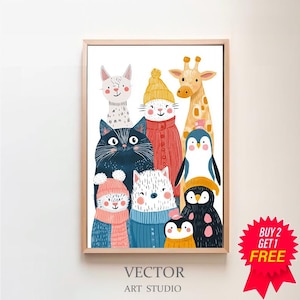 Colorful Animal Friends Nursery Wall Art, Kids Room Decor, Playful Creatures Poster, Baby Shower Gift Idea, Printable Art for Children