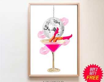 レトロなバーカートアートプリント、ディスコウイスキーコラージュプリント、シュールアートプリント、カクテルポスター、レトロなコラージュプリントファンキーなウォールアートデジタルプリント
