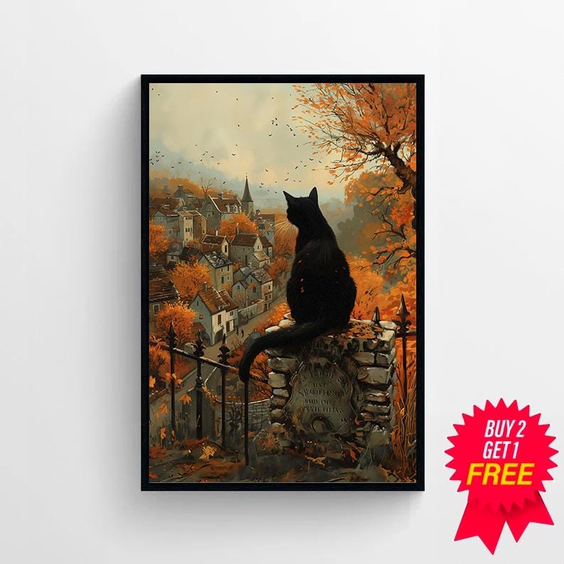Vintage Salem Travel Poster | Black Cat & Witchcraft | Digital