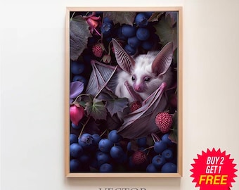 Morcego de fruta albino Dark Cottagecore Goth Print, pintura floral vintage, Dark Academia para impressão, arte de parede gótica botânica, decoração Whimsigoth