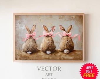FRAME TV art Bunnies with Pink Bows, Easter rabbit tv art neutral, Cute rabbit for kids Samsung Frame tv art vintage style, Digital Download