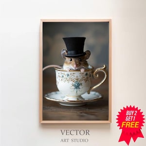 Mouse in A Tea Cup Oil Painting, Mouse in Top Hat, Mouse Decor, Funny Kitchen Wall Art, Dark Humor Whimsical Art, Funny Animal Art