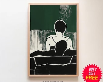 Arte de pared grande con personas abstractas Arte contemporáneo Impresión minimalista Arte de pared verde esmeralda Descarga digital Impresión de regalo para pareja con rayas imprimibles
