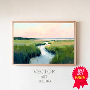 Pastel Marsh Sunset Landscape Painting | Pink Beach House Printable Digital Download | Carolina Lowcountry Coastal Watercolor Wall Art Print