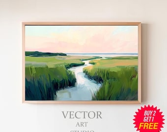 Pastellfärgad landskapsmålning med solnedgång i träsk | Utskrivbar digital nedladdning av rosa strandhus | Akvarell väggkonsttryck av kustnära Carolina Lowcountry