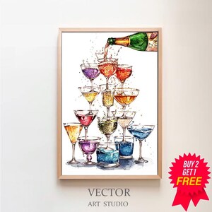 バーカートプリント 乾杯プリント バーカート装飾 レトロキッチンウォールアート バーカートアート トレンディなシャンパンウォールアートプリントポスター デジタルダウンロード