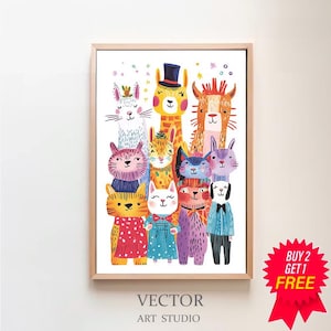 Colorful Safari Animals Nursery Wall Art, Kids Room Decor, Animal Friends Poster, Printable Art, Bright Playroom Decor, Baby Room Gift