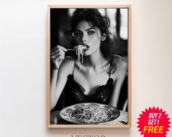 Italiaanse vrouw die pasta eet kunst aan de muur, vintage dame die spaghetti eet, zwart-wit print, keuken wanddecoratie, retro Sophia Loren kunst aan de muur