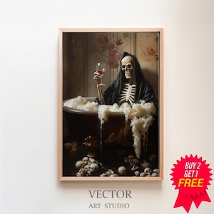 grim reaper in bathroom print | bubble bath skeleton, vintage poster, art poster print, dark academia, halloween art decor, haunting ghost