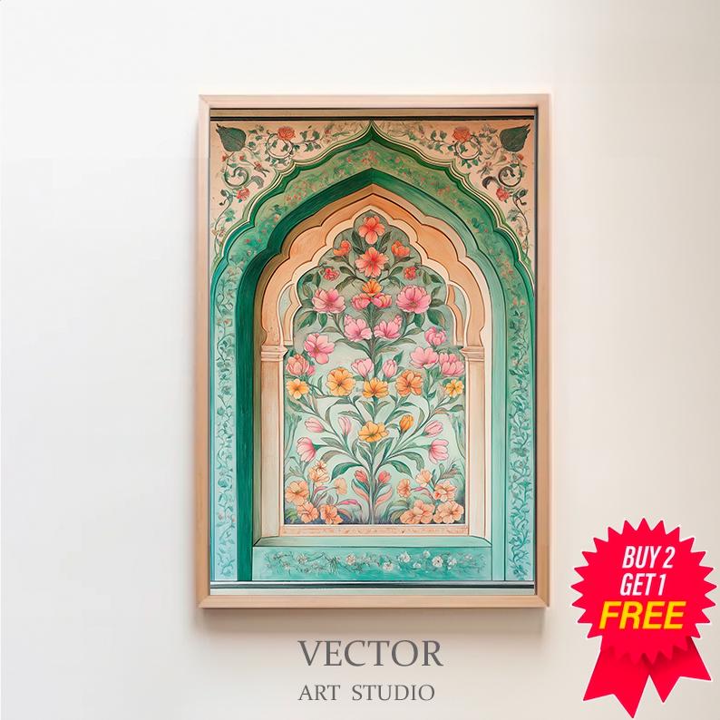 Palestine Floral Arch Art Print, Islamic Wall Art Muslim Architecture Poster Arabic Decor, Large Wall Art Canvas, Eid Ramadan Gift