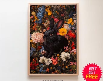 Black Rabbit Dark Botanical Gothic Cottagecore Art, Moody Floral Painting, Goth Wall Art, Dark Academia Print, Witchy Room Decor Printable