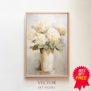 White Hydrangeas Muted Vintage Print | Living Room Art | Botanical Wall Art | Farmhouse Wall Decor | Digital Download PRINTABLE Vintage Art