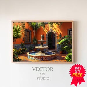 Mexican Garden Oil Painting, Mexican Courtyard Art, Wall Art Decor, Colorful Art Print, Mexican Art, Mexican Decor, Latino Art, Home Decor