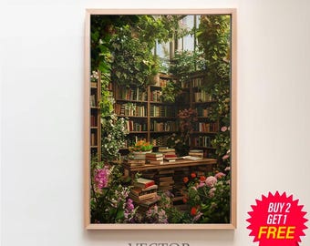 Greenhouse Library Reading Nook Painting Printable, Library Art Print, Bookish Wall Art, Book Lover Fantasy Poster Gift, Bibliophile Decor
