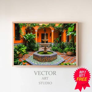 Mexican Garden Oil Painting, Mexican Courtyard Art, Wall Art Decor, Colorful Art Print, Mexican Art, Mexican Decor, Latino Art, Home Decor