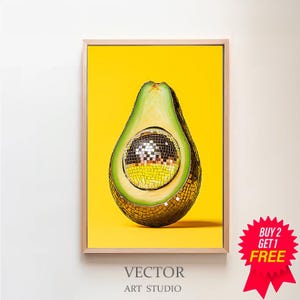 Printable Wall Art, Avocado Disco Ball Maximalist Painting, Vivid Mirror Ball Girly Kitchen Print, Dopamine Dining Room Preppy Food Poster