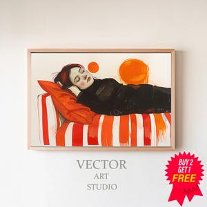 Modern Abstract Wall Art - Woman on Red Orange Striped Couch - Unique Line Drawing - Large Canvas Print for Vibrant Home Decor