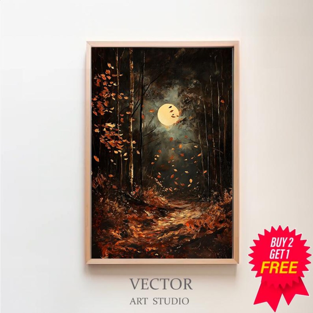 Autumn Full Moon Dark Forest Art Print, Dark Cottagecore, Moody Fall ...
