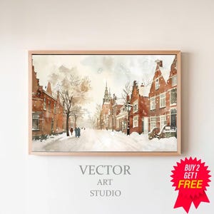 Vintage Style Village Winter Landscape Painting Digital Download Tv Screensaver, Watercolour Town Christmas Frame Tv Art