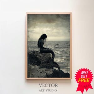 Dark Ocean Mermaid Seascape Art Painting, Dark Fantasy Fairytale Wall Art, Cottagecore Mermaidcore Siren Art Printable, Dark Arcademia Decor