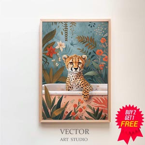 Cheetah Wall Art, Animal Kids Room Print, Boho Jungle Bathtub Poster, Bathroom Art DIGITAL, Maximalist Botanical Eclectic Tropical Poster
