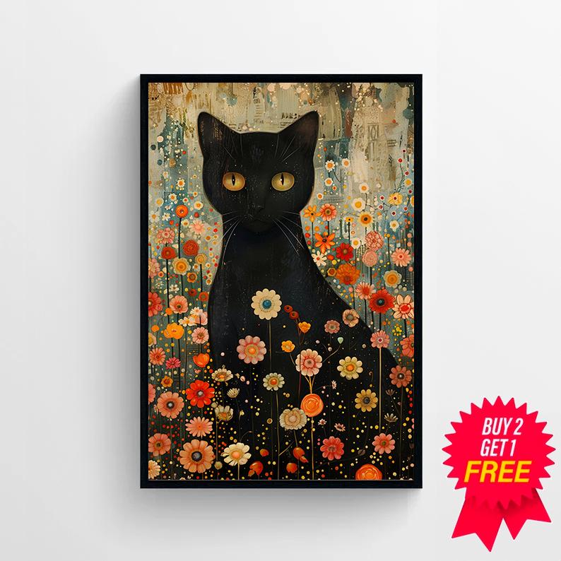 グスタフ・クリムト、庭の黒猫 ウォールアート プリント ポスター 額