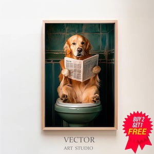 Golden Retriever auf der Toilette und liest Zeitung, Badezimmer Bilder, Badezimmer Deko, Haustier Geschenk, Pets Gifts, Funny Dog Picture