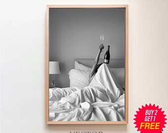 Woman Drinking Wine in Bed Print, Black and White, Feminist Poster, Alcohol Wall Art, Bar Cart Print, Room Decor, Teen Girl Bedroom Print