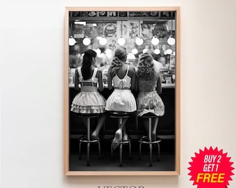 Women Drinking At Bar Wall Art, Black and White Print, Three Friends Vintage Poster, Retro Wall Decor, Alcohol Art, Bar Cart Print