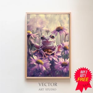 Peut inclure: Une grenouille blanche avec des accents roses et orange est assise sur une fleur violette. La grenouille est entourée d'autres fleurs violettes et d'un arrière-plan doux et flou.