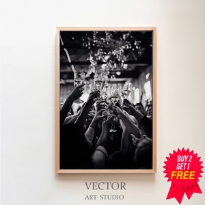 Cheers Print, Black and White, Champagne Poster, Bar Cart Print, Vintage Bar Print, Cocktail Wall Art, Alcohol Wall Decor, Digital Download