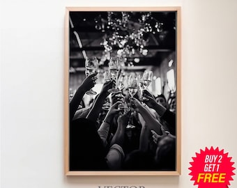 Cheers Print, Black and White, Champagne Poster, Bar Cart Print, Vintage Bar Print, Cocktail Wall Art, Alcohol Wall Decor, Digital Download
