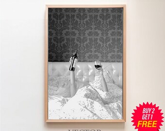 Woman Drinking Wine in Bed Print, Teen Girl Room Decor, Feminist Poster, Black and White, Alcohol Wall Art, Bar Cart Print, Digital Download
