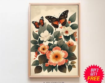 Impresión de mariposas vintage / Mariposas botánicas / Descarga digital / Decoración del hogar estilo granja / Arte de pared imprimible