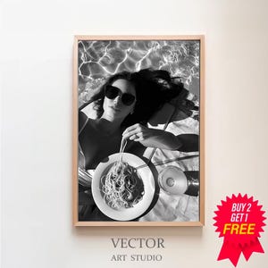 Woman Eating Spaghetti on Water Poster, Black and White Vintage Print, Italian Pasta Print, Kitchen Wall Art, Pasta Poster, Restaurant Decor