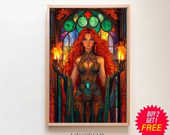 Goddess Brigid Art Print, Celtic Goddess of Fire and Forge, Celtic Mythology, Divine Feminine Art, Wall Art Stained Glass Painting style