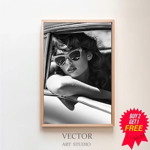 Black and White Fashion Print, Feminist Poster, Classic Car Print, Retro Wall Art, Luxury Wall Decor, Digital Download, Teen Girl Room Decor