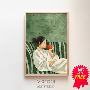 Emerald Green Abstract People Large Wall Art Contemporary Artwork Minimalist Print Coffee Lover Wall Art Digital Download Stripe Woman Print