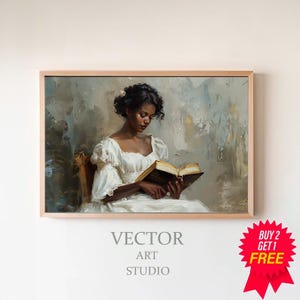 Vintage Female Portrait Reading a Book | Vintage Oil Painting |  Black Art | Printable Art | Digital Download